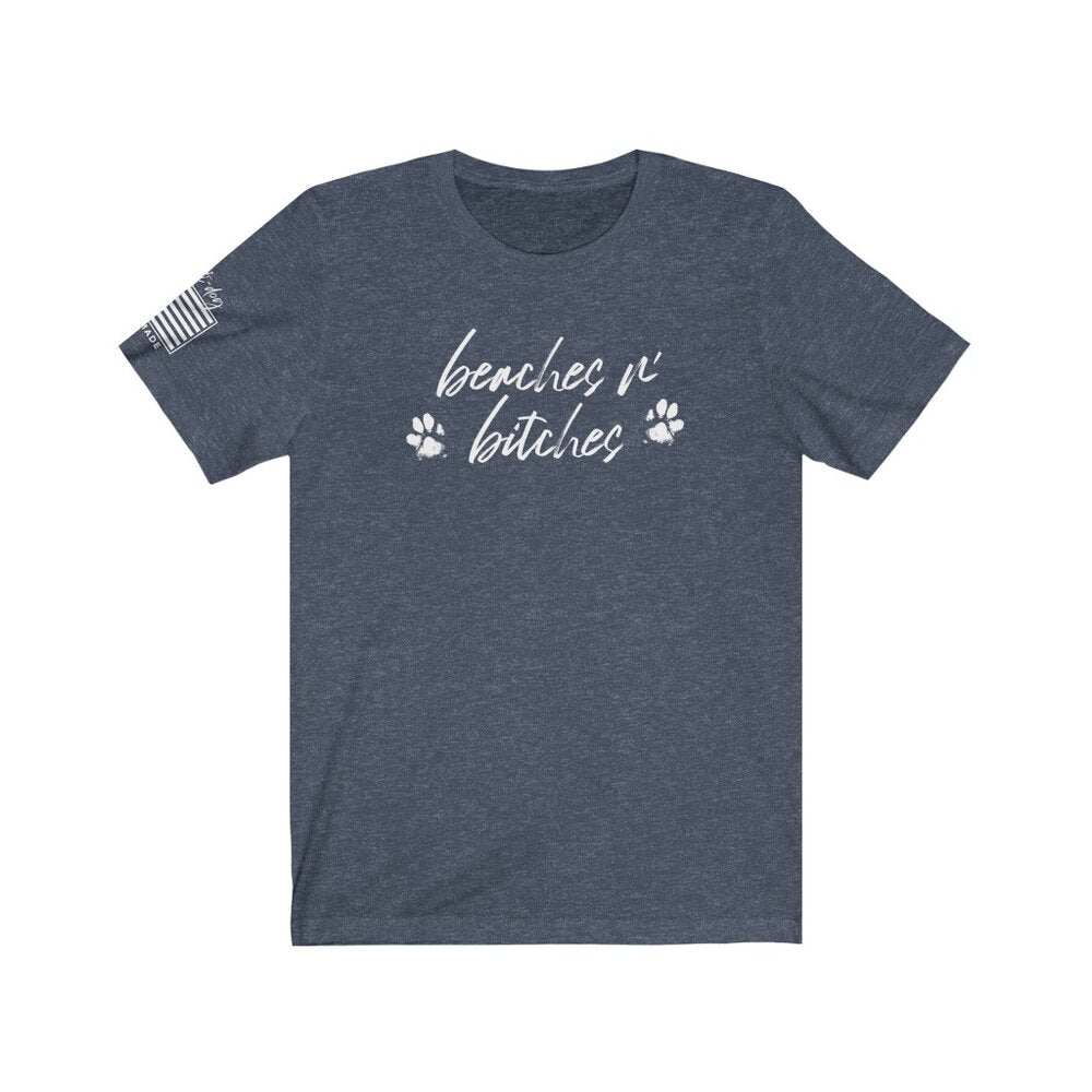 heathered navy t-shirt with beaches n' b*tches script and flag emblem on sleeve
