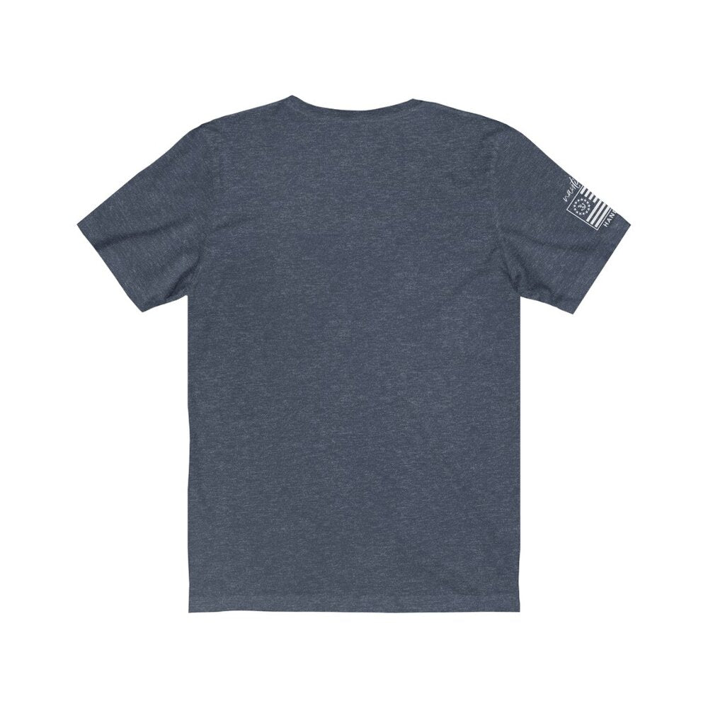 heathered navy t-shirt with beaches n' b*tches script and flag emblem on sleeve-back view