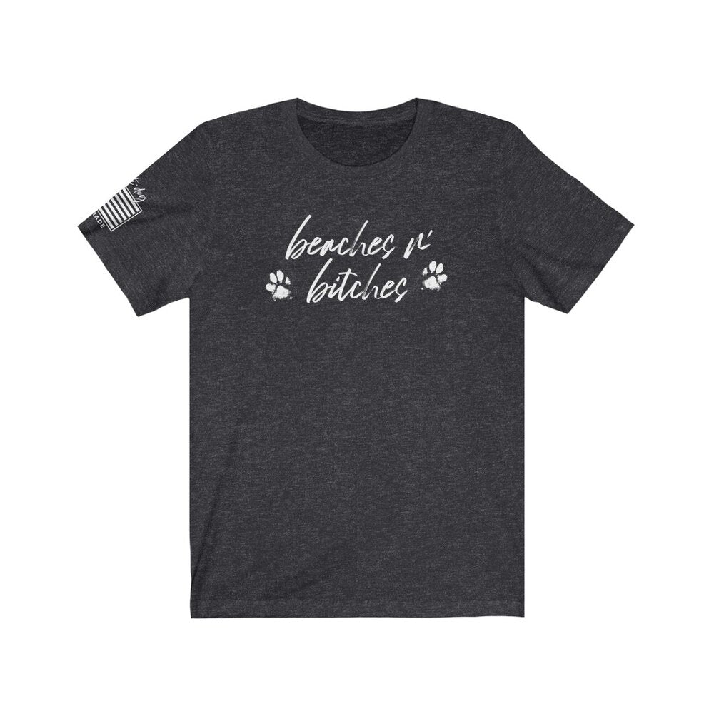 heathered charcoal t-shirt with beaches n' b*tches script and flag emblem on sleeve