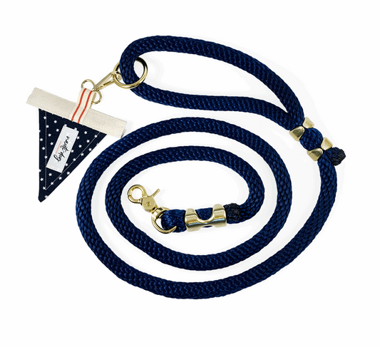 Premium Marine-grade Rope Dog Leash with solid brass hardware and Independence Patriotic American Star Navy flag accent