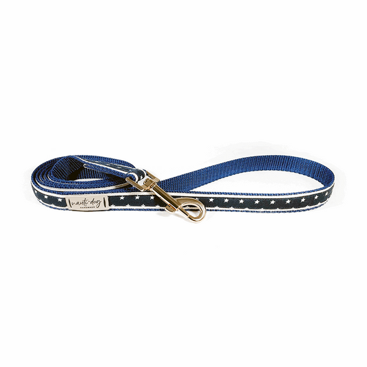 Independence Patriotic American Star Navy Ribbon Dog Leash with gold snap hardware