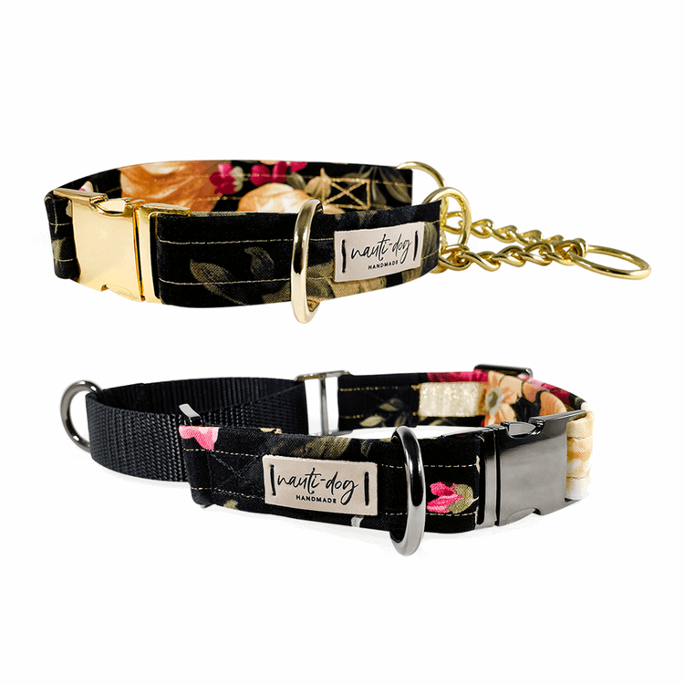 Victoria Vintage Victorian Floral Chain and cloth Martingale Dog Collar in gold and black gun metal hardware