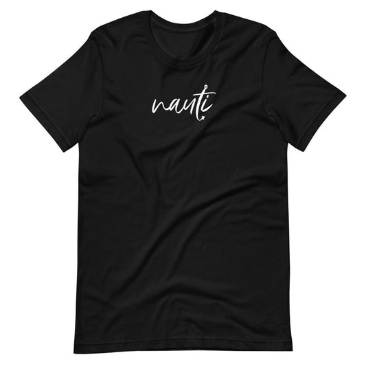 heathered black t-shirt with nauti script emblem