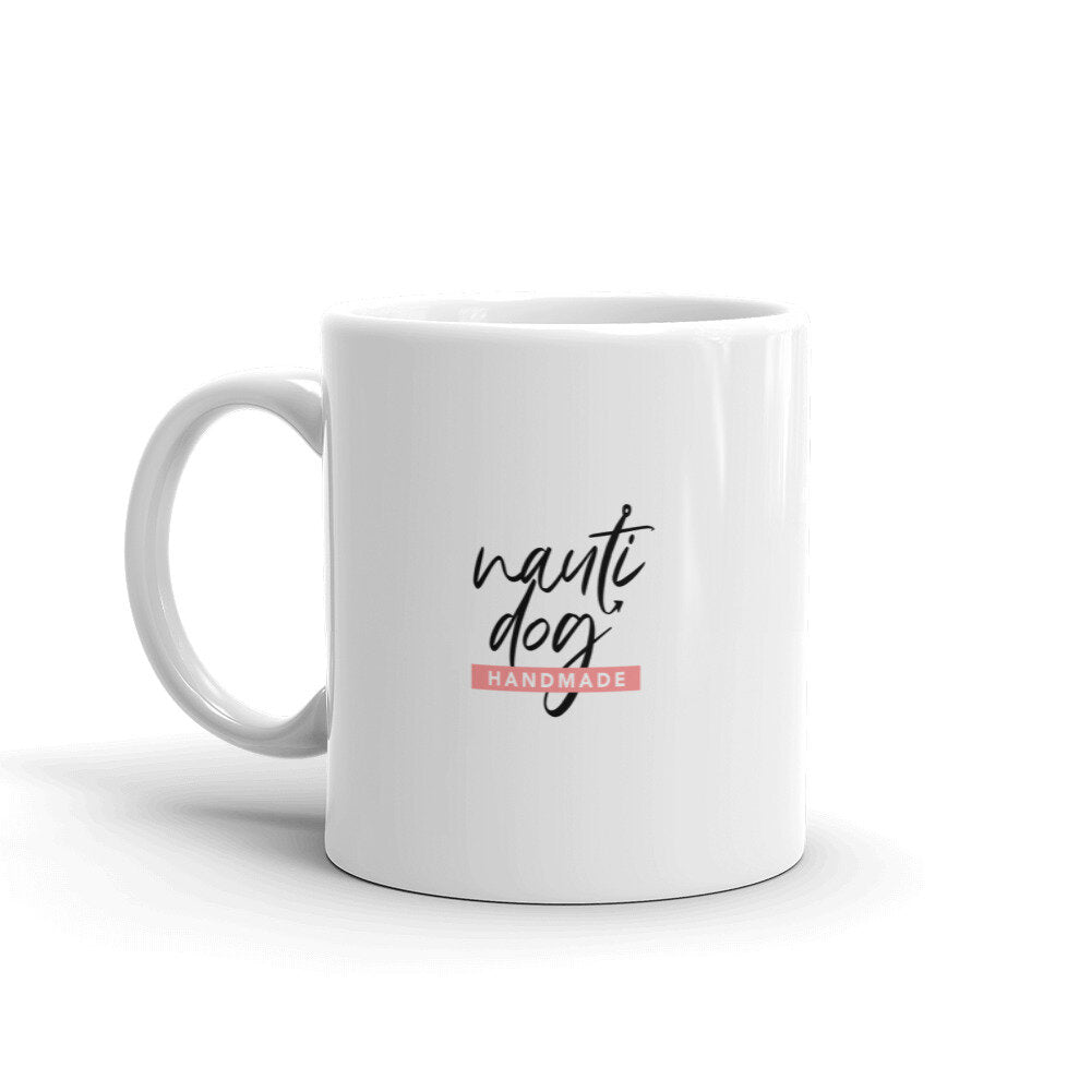 Ceramic mug back view with Nauti-dog Handmade logo