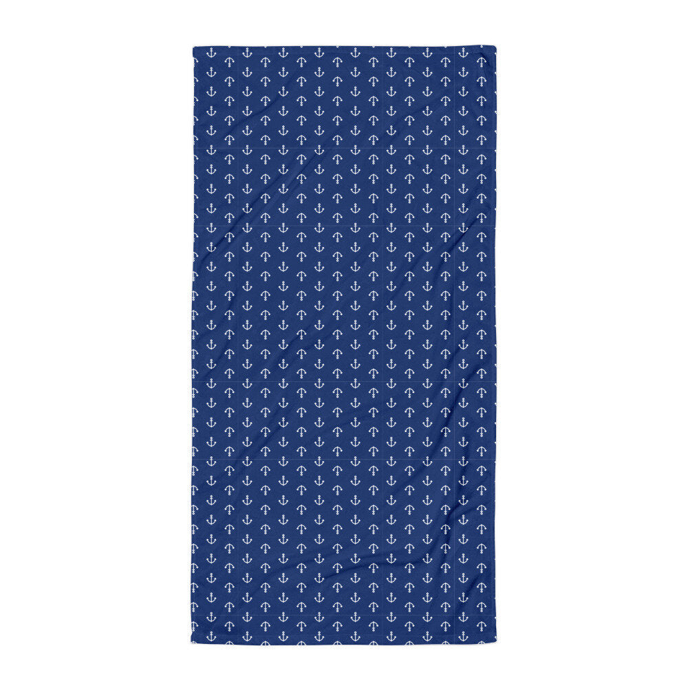 over-sized navy beach towel with anchors