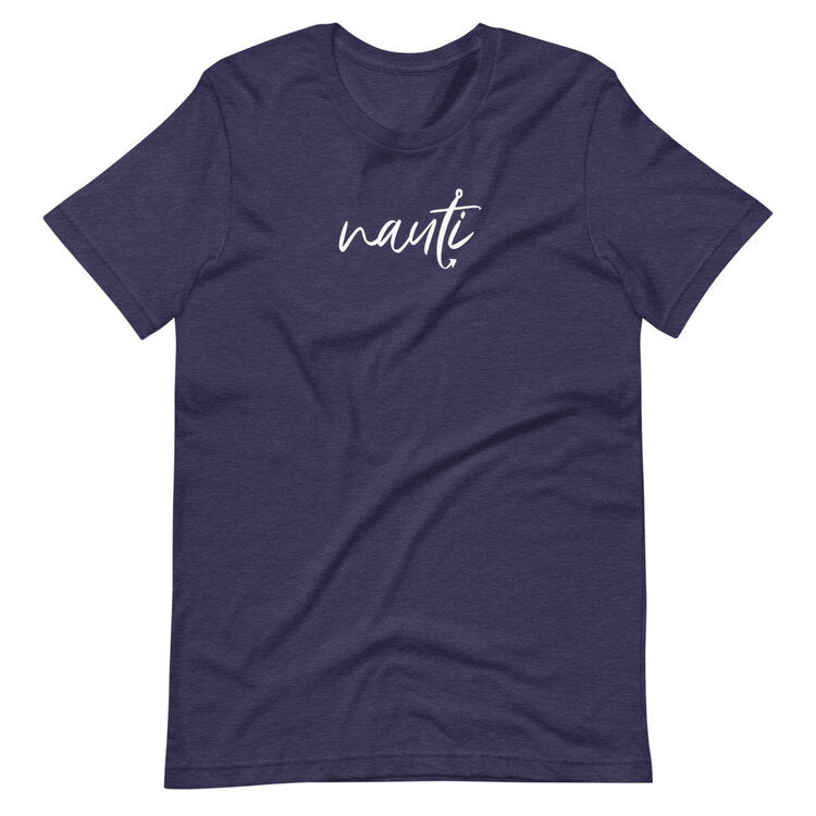 navy t-shirt with nauti script emblem