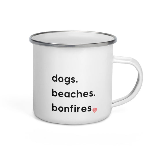Dogs, Beaches, Bonfires Enamel Camping Mug—front view