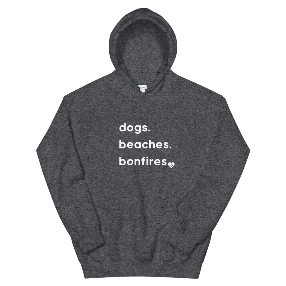 Dogs, Beaches, Bonfires heather charcoal Hoodie—front view