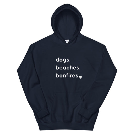Dogs, Beaches, Bonfires navy Hoodie—front view