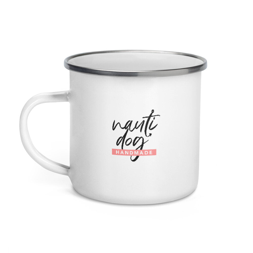 Dogs, Beaches, Bonfires Enamel Camping Mug—back view