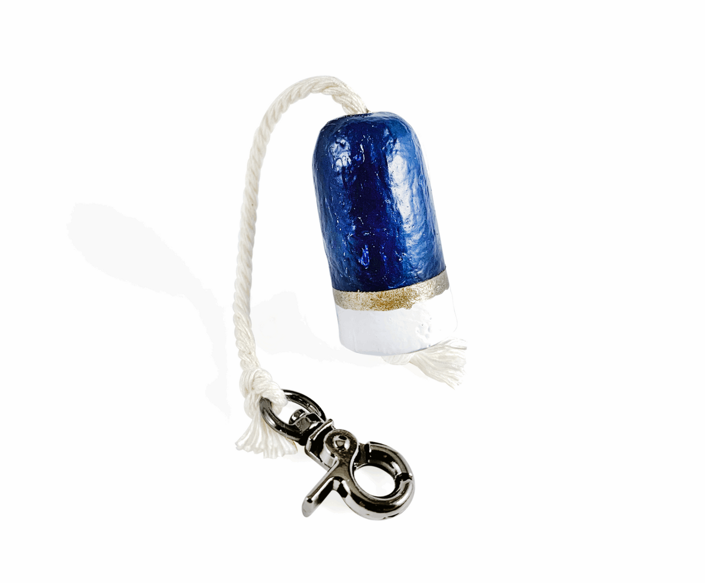 Recycled Wine Cork Buoy Lifesaver Keychains—navy with gold stripe and white bottom