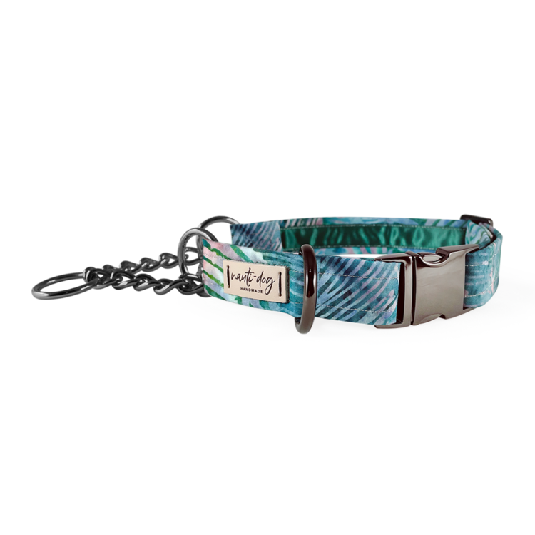 Palmetto Hand-dyed Watercolor Palm Leaf chain Martingale Dog Collar with black gun metal hardware