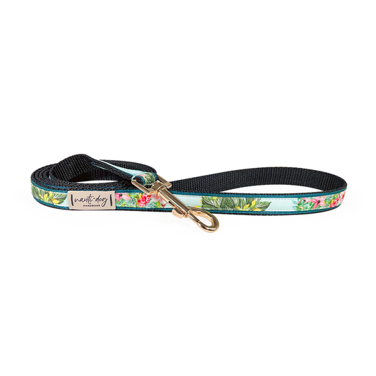Piña Tropical Floral Pineapple Ribbon Dog Leash with gold snap hardware