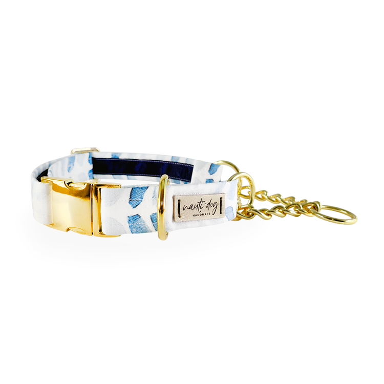 Raindrop Spring Watercolor Blue Herringbone chain Martingale Dog Collar with gold hardware