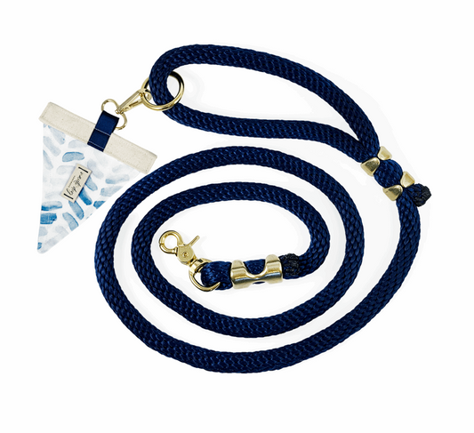 Raindrop Spring Watercolor Blue Herringbone marine-grade Premium Rope Leash with solid brass hardware