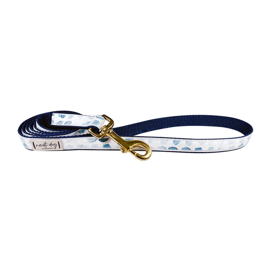 Raindrop Spring Watercolor Blue Herringbone Ribbon Dog Leash with gold hardware