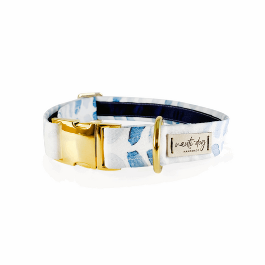 Raindrop Spring Watercolor Blue Herringbone Buckle Dog Collar with gold hardware