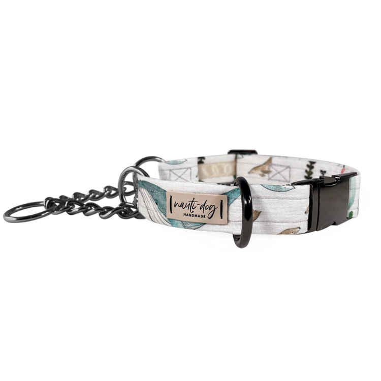 Sea Life Marine Animal Otter, Whale, Seal & Orca chain Martingale Dog Collar with black gun metal hardware