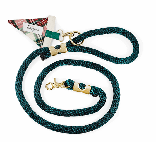 Marine-grade rope premium leash with solid brass hardware and Sullivan Christmas Scottish Stewart Red & Green Tartan Plaid accent flag