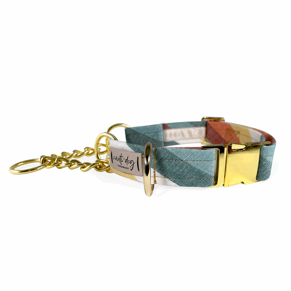 Sunset Retro-mod Stripe Linen chain Martingale Dog Collar with gold hardware