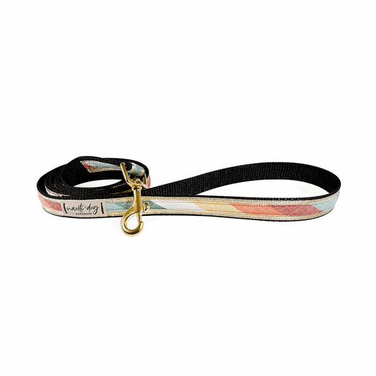 Sunset Retro-Mod Stripe Ribbon Dog Leash with gold snap hardware