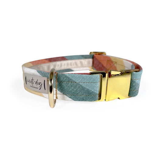 Sunset Retro-mod Stripe Linen Buckle Dog Collar with gold hardware