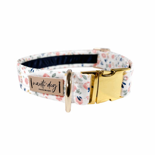 Tulip Summer Floral Buckle & Martingale Dog Collar with gold hardware