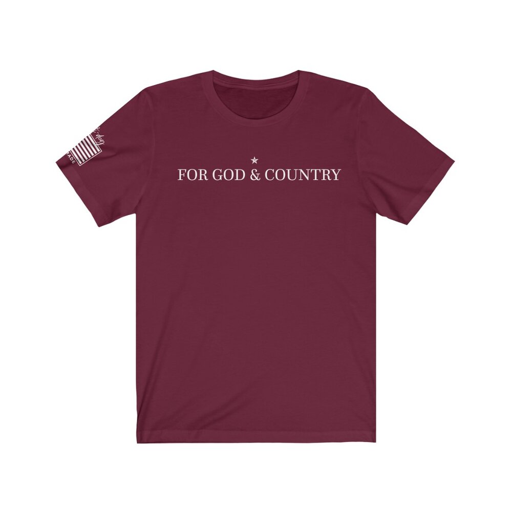 For God, Dog & Country Unisex T-Shirt in maroon--front view