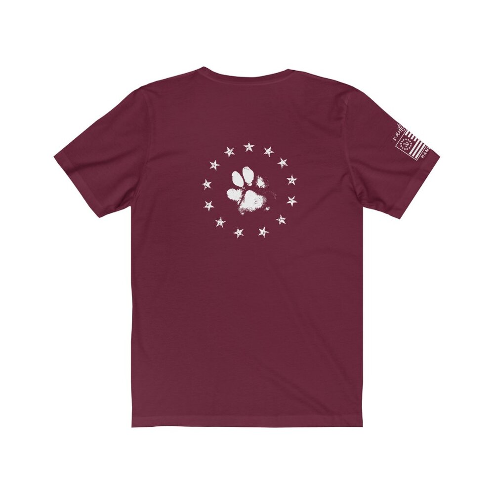 For God, Dog & Country Unisex T-Shirt in maroon--back view with pawprint in stars
