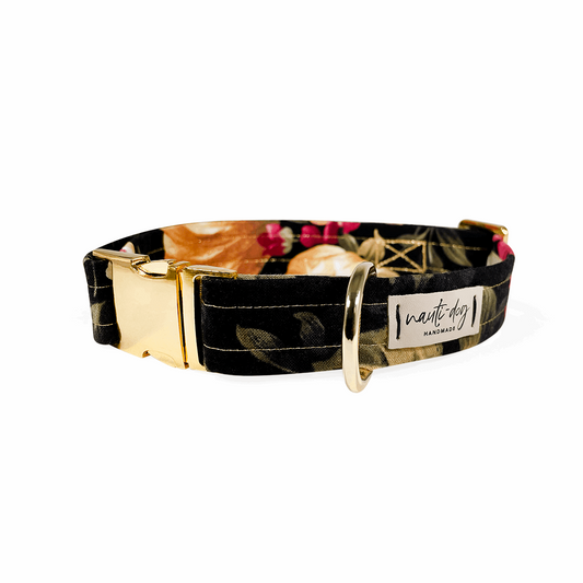 Victoria Vintage Victorian Floral Buckle Dog Collar with gold hardware