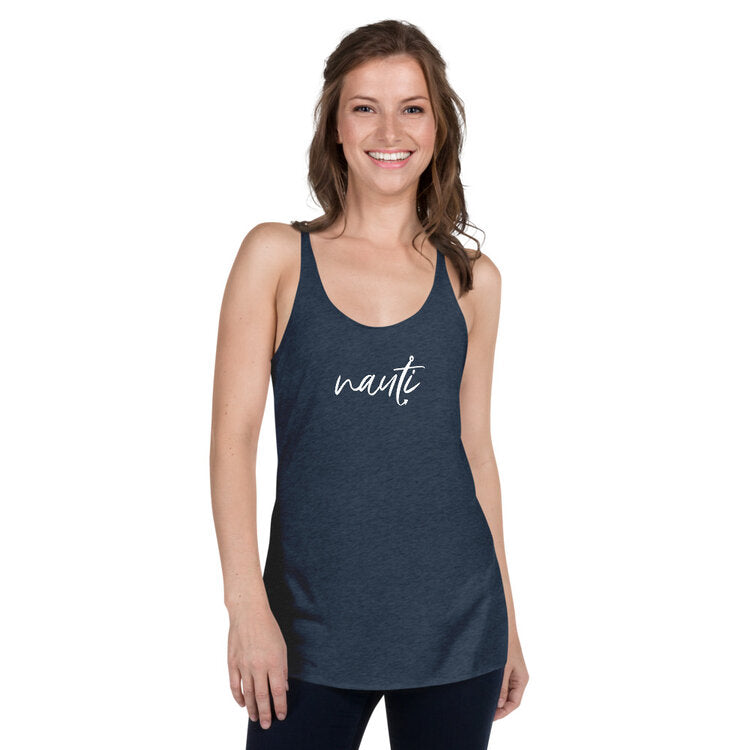 woman wearing Nauti raw edged Tank Top in heathered navy