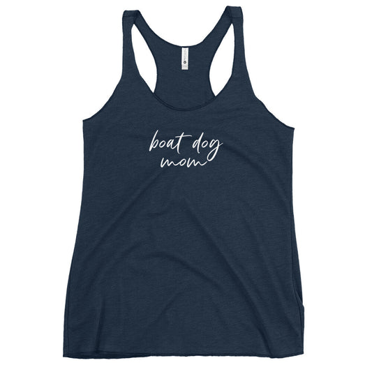 heathered navy tank with distressed edge and boat dog mom script