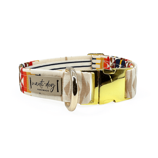 cream, green and orange southwestern print canvas dog collar with black gun metal hardware-front view