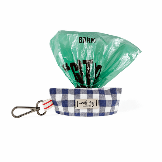 navy and white buffalo plaid dog poop bag holder dispenser with black gun metal hardware