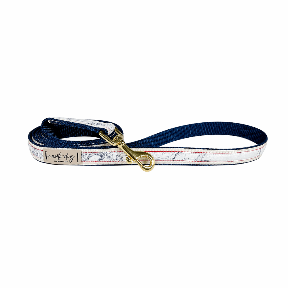 vintage white and navy maritime toile nautical map dog snap leash with gold hardware
