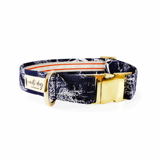 vintage navy and white maritime toile nautical map dog collar with gold hardware