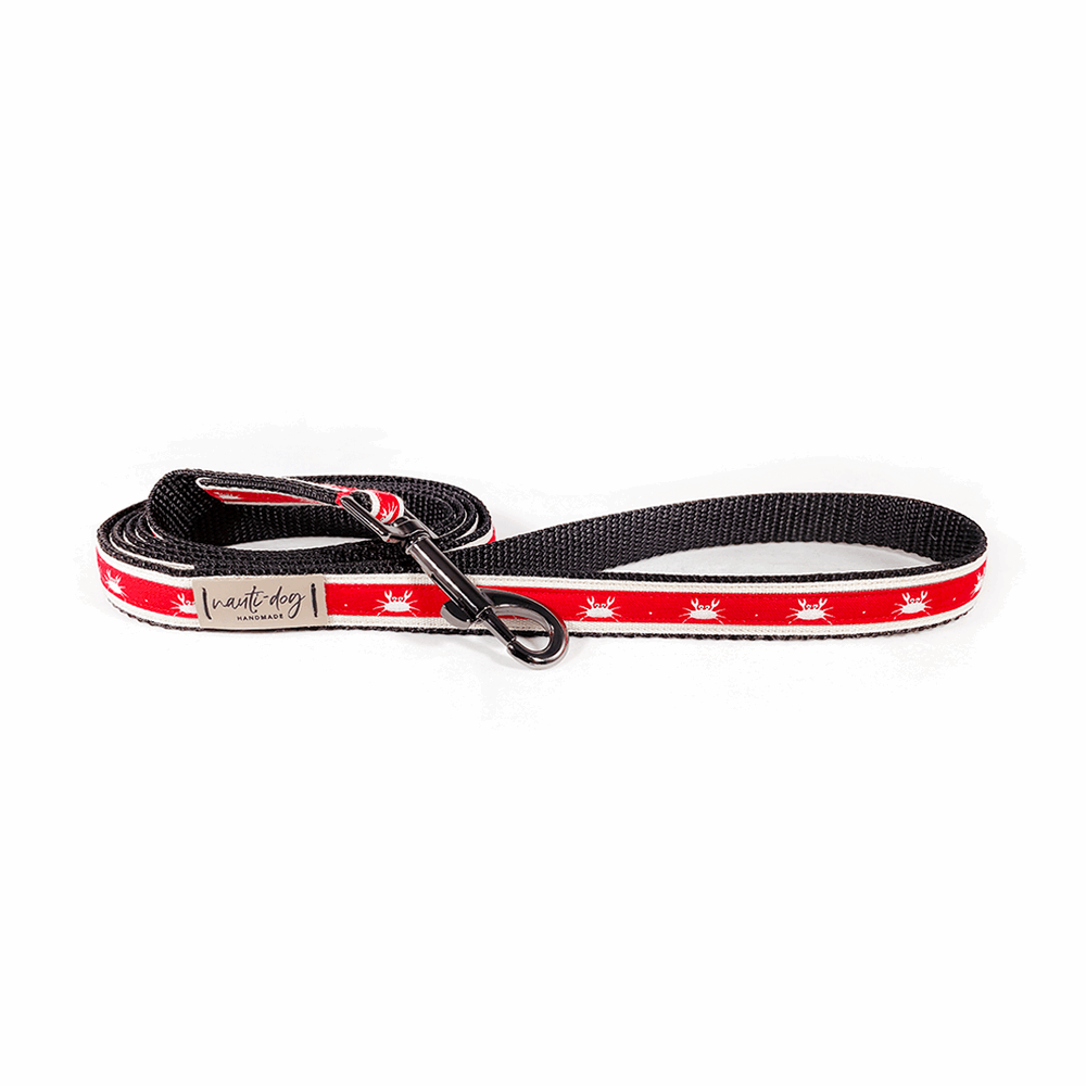 Crabby Red Maryland Crab Coastal Ribbon Dog Leash with black gun metal snap hardware