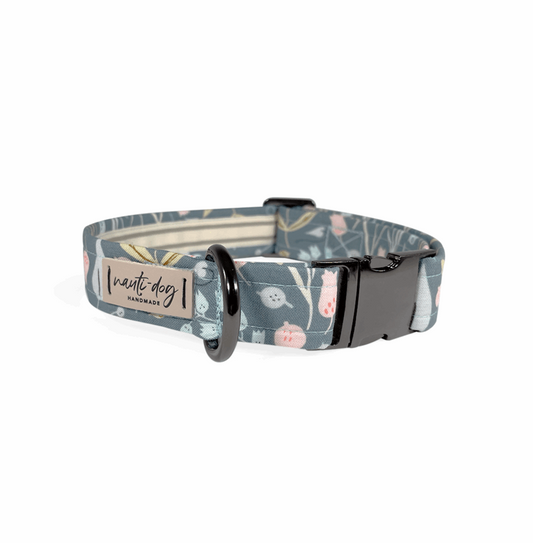 Juniper Sage Mod Fall Floral Buckle & Martingale Dog Collar with black gun metal hardware