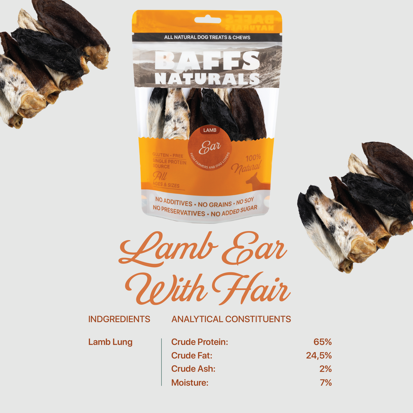 Baffs Naturals All-Natural Premium Lamb Ear Dog Chews – (3.5oz Bag)