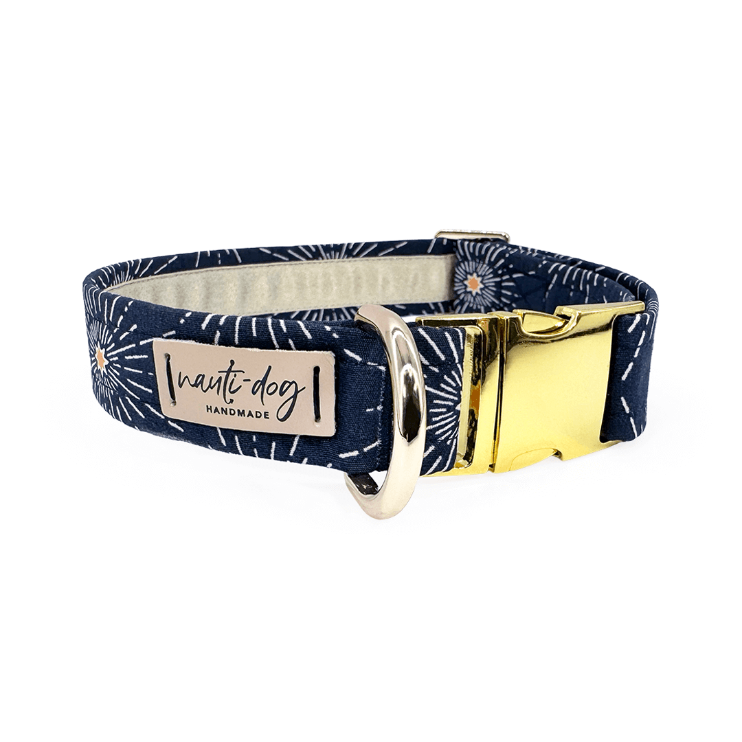 star and radiant line and navy blue dog collar with gold hardware