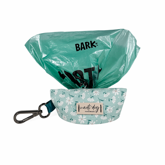 Paperwhite Sea Glass Green Daisy Floral Dog Waste Poop Bag Holder and Dispenser with black gun metal hardware