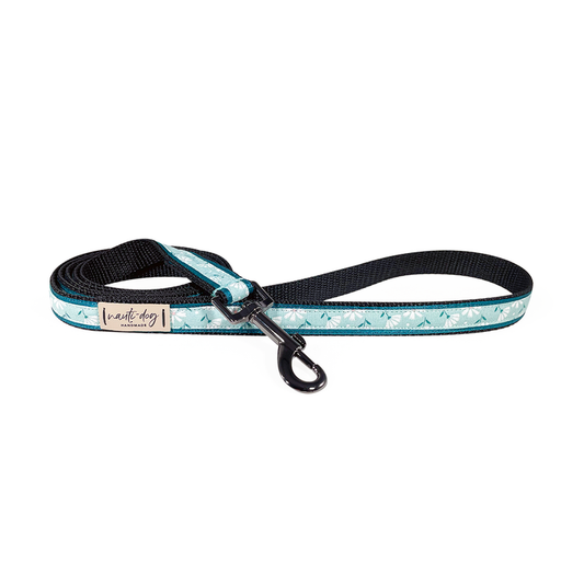 Paperwhite Sea Glass Green Daisy Floral Ribbon Dog Leash with black gun metal snap hardware
