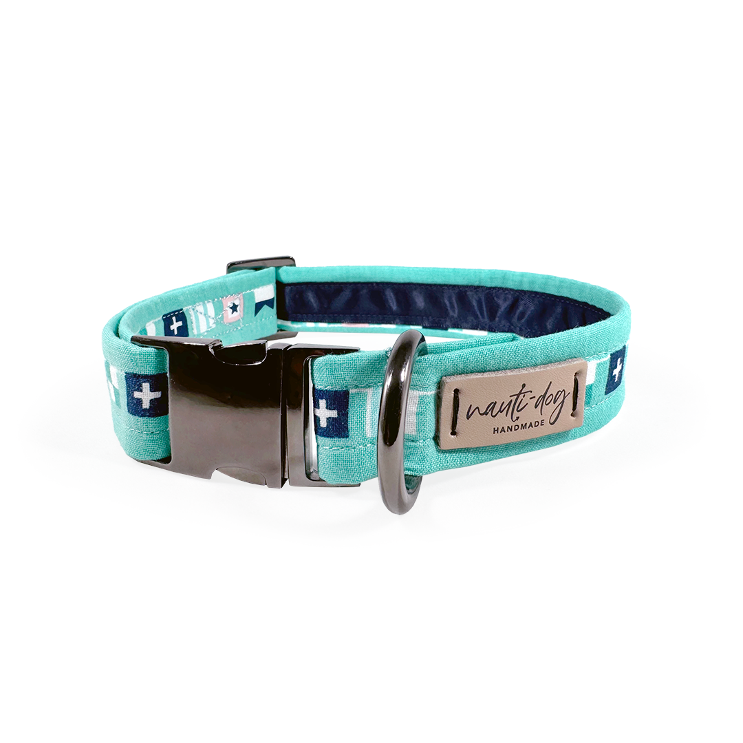 nautical sailing flag buckle and martingale dog collar on white background