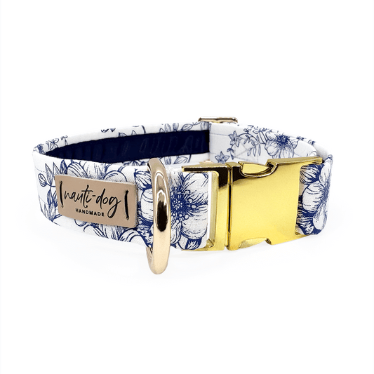 Navy and white French toile femme Japanese cherry blossom dog collar with gold metal hardware