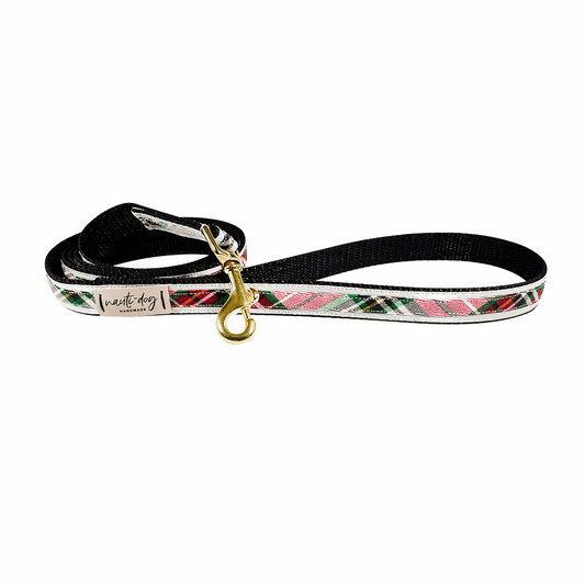 Sullivan Christmas Stewart Scottish Red & Green Tartan Plaid Ribbon Dog Leash with gold snap hardware