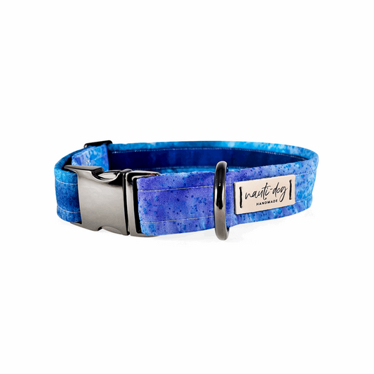 Surf Hand-dyed Batik Blue & Purple Bubble Buckle & Martingale Dog Collar with black gun metal hardware