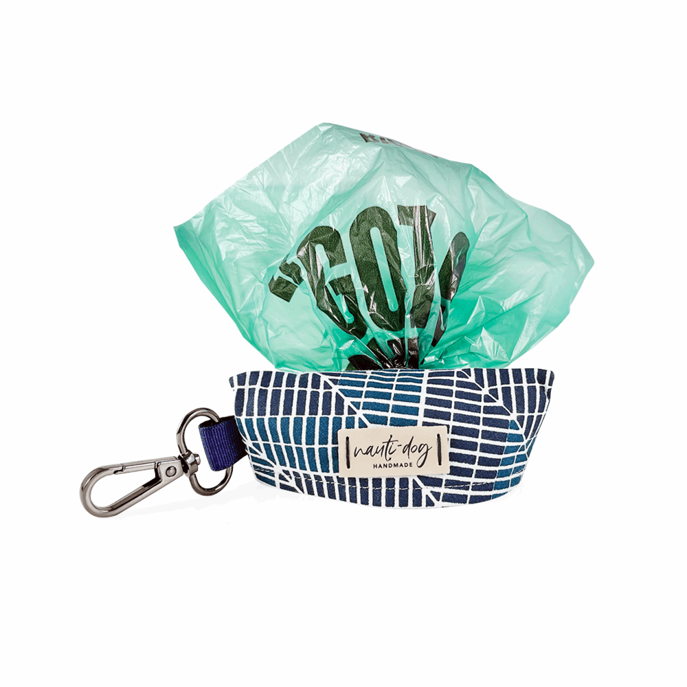 teal navy and white geometric dog poop bag holder and dispenser with black gun metal hardware