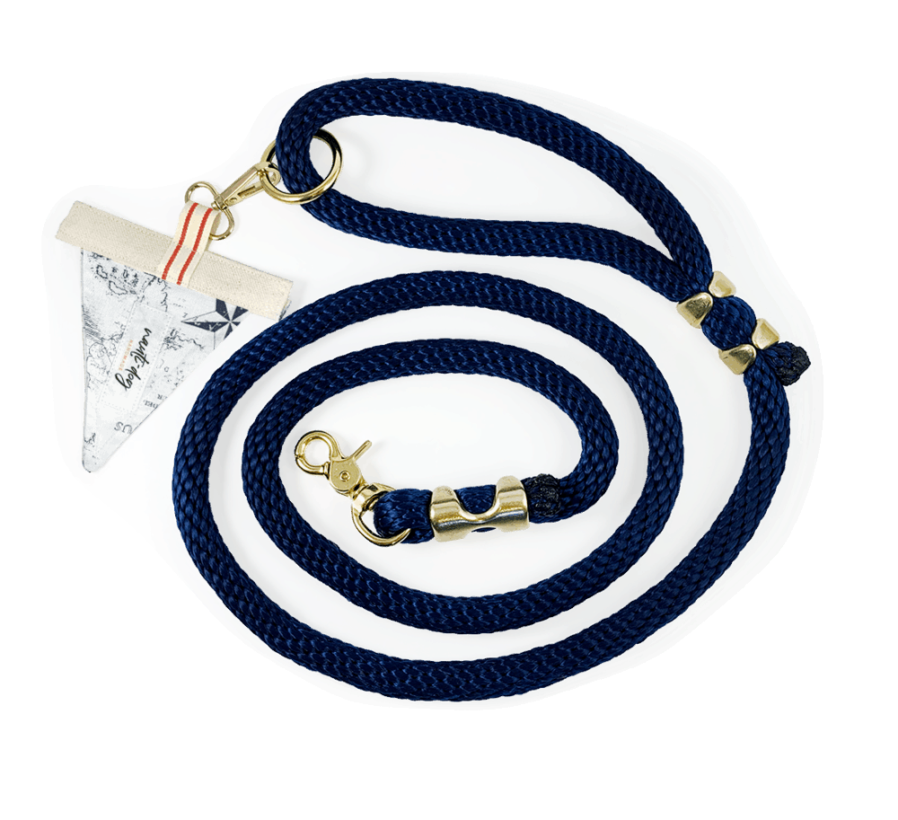 navy marine-grade brass hardware rope leash with vintage white and navy maritime toile nautical map accent