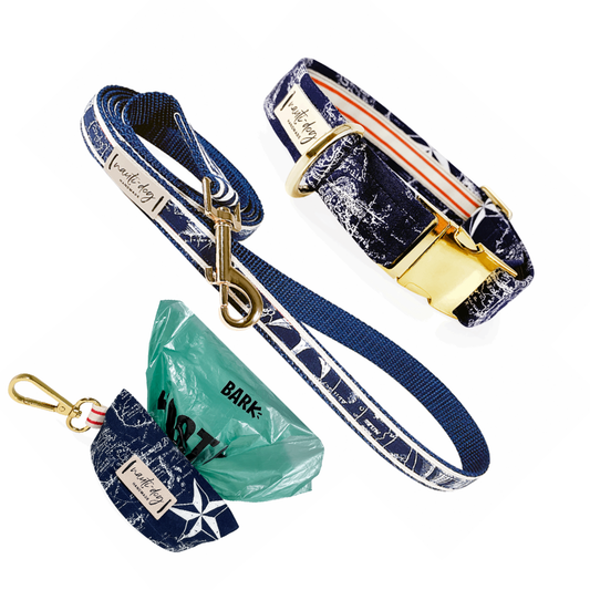 Carta Marina Navy Collar, Leash & Wastebag Dispenser Walking Set with Polished Gold Hardware