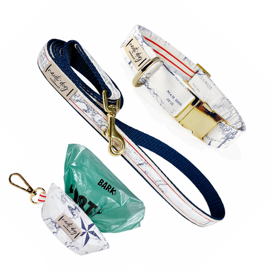 Carta Marina Light Collar, Leash & Wastebag Dispenser Walking Set with Polished Gold Hardware